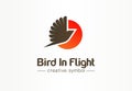 Bird in flight, sunsetcreative symbol concept. Pigeon silhouette with spread wing abstract business logo idea. Phoenix