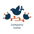 Bird with flower abstract vector icon, label or logo template. Silhouette In the folk Scandinavian style. Blue on a