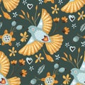 Bird and flower seamless vector pattern. Royalty Free Stock Photo