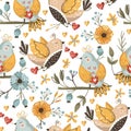 Bird and flower seamless vector pattern. Royalty Free Stock Photo