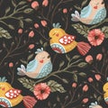 Bird and flower seamless vector pattern. Royalty Free Stock Photo
