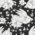 Bird with flowers monochrome vintage seamless pattern. Natural floral texture