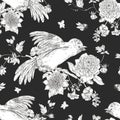 Bird with flowers monochrome vintage seamless pttern. Natural floral texture