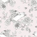 Bird with flowers monochrome vintage seamless pttern. Natural floral texture