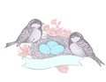 Bird, flowers, nest, eggs and banner Royalty Free Stock Photo