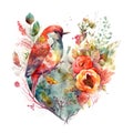 A bird and flowers in the shape of a heart. Watercolor. Generative AI Royalty Free Stock Photo