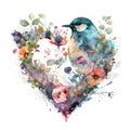 A bird and flowers in the shape of a heart. Watercolor. Generative AI. Royalty Free Stock Photo