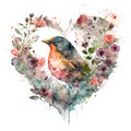 A bird and flowers in the shape of a heart. Watercolor. Generative AI Royalty Free Stock Photo