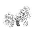Hand drawn bird with flowers in vintage style. Spring birds sitting on blossom branches. Linear engraved art. Isolated on white ba Royalty Free Stock Photo