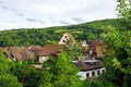 Bird-fly overview to small village in Alsace Royalty Free Stock Photo