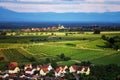 Bird-fly overview to small village in Alsace Royalty Free Stock Photo