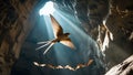 Swift Flying in Cave with Bats, Sunlight Rays Royalty Free Stock Photo