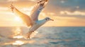 A bird flying over the ocean at sunset with a beautiful sky, AI Royalty Free Stock Photo