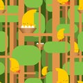 Bird in Forest pattern cartoon. Birdie on tree background. Baby cloth texture. vector ornament