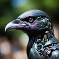 Bird with a futuristic, electronic visage, AI-generated.