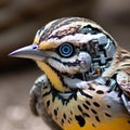 Bird with a futuristic, electronic visage, AI-generated.