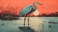 Hyper-detailed Illustration Of A Blue Heron At Sunset Royalty Free Stock Photo