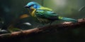 Bird green-headed oriole on a branch close-up. Generative AI