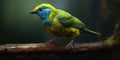 Bird green-headed oriole on a branch close-up. Generative AI