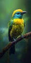 Bird green-headed oriole on a branch close-up. Generative AI
