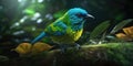 Bird green-headed oriole on a branch close-up. Generative AI