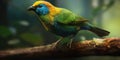 Bird green-headed oriole on a branch close-up. Generative AI