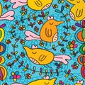 Bird happy cute flower curl seamless pattern Royalty Free Stock Photo