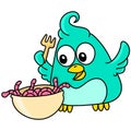 A bird with a happy face ready to eat a delicious worm, doodle kawaii. doodle icon image