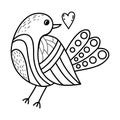 Bird with heart. Linear hand drawing. Vector illustration. feathered animal for holiday cards and valentines, coloring