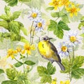 Bird, herbs, meadow flowers, spring grasses. Repeating pattern. Watercolour