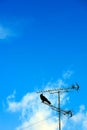 Bird holding on television post on blue sky background