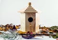 Bird house nest and autumn leafs background picture