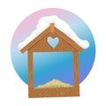 Bird house, nesting box. Wooden bird house with food and snow on the roof. Tree house in the forest. Vector illustration Royalty Free Stock Photo