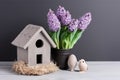 Bird house potted hyacinth flower. Generate Ai