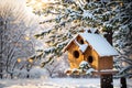 Bird house winter snowy tree. ai generative Royalty Free Stock Photo