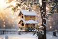 Bird house winter snowy tree. ai generative Royalty Free Stock Photo