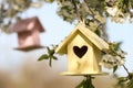 Bird houses hanging outdoors, focus on yellow one