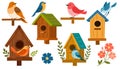 Bird houses set vector illustration. Birdhouse with a bird, homemade nests, feeders and homes, for summer and spring birds. Royalty Free Stock Photo