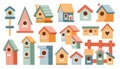 Bird houses set vector illustration. Cartoon cute colorful birdhouses collection, feeder on garden tree Royalty Free Stock Photo