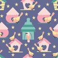 Bird houses and stars in a seamless pattern design Royalty Free Stock Photo