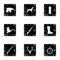 Bird hunting icons set, grunge style