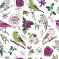 Seamless Pattern. Birds Nature Animals Illustration. Cute Hand Drawn Bird A Nd Flowers Doodles. Line Style In Minimalism