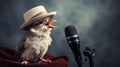 A bird in a journalistic hat holding a microphone and asking questions