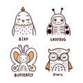 Bird, ladybug, butterfly and owl vector illustrations set