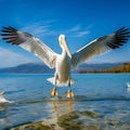 Bird landing to the blue lake water. Bird fly. Dalmatian pelican, Pelecanus crispus. Generative AI