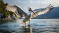 Bird landing to the blue lake water. Bird fly. Dalmatian pelican, Pelecanus crispus. Generative AI