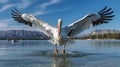 Bird landing to the blue lake water. Bird fly. Dalmatian pelican, Pelecanus crispus. Generative AI