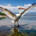 Bird landing to the blue lake water. Bird fly. Dalmatian pelican, Pelecanus crispus. Generative AI