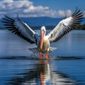 Bird landing to the blue lake water. Bird fly. Dalmatian pelican, Pelecanus crispus. Generative AI