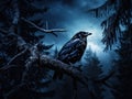 Bird with Late evening with black forest sitting on the dark nature Magic night with moon